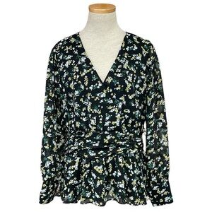 Vince Camuto Blouse Women's M Medium Black Floral Long Sleeve V-Neck Top Shirt